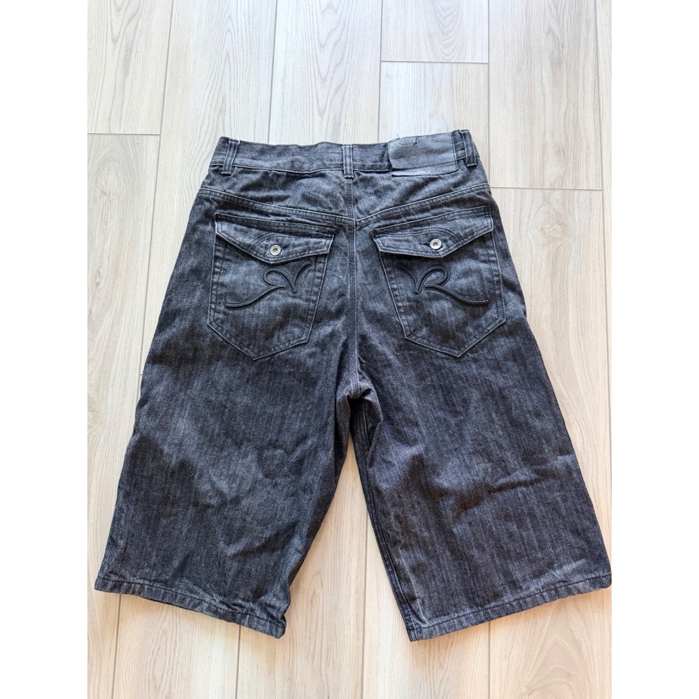 Y2K Rocawear Long Denim Shorts 34 Black Baggy Embroidered Hip Hop Streetwear